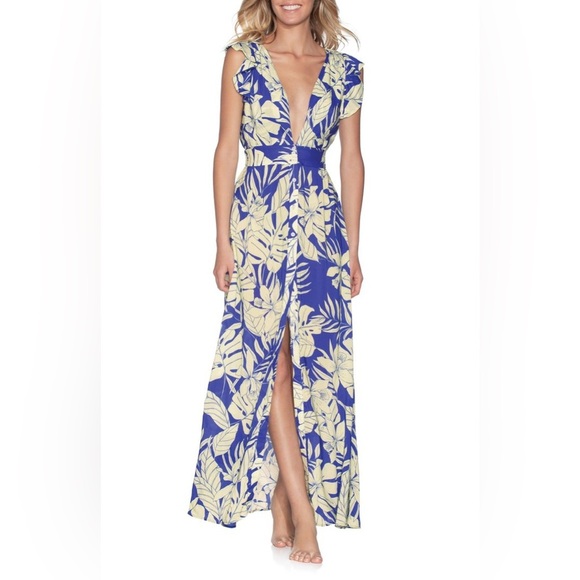 Maaji Wildest Dreams Tropical Plunge Open Back Button Front Maxi Dress Cover Up - Picture 2 of 16